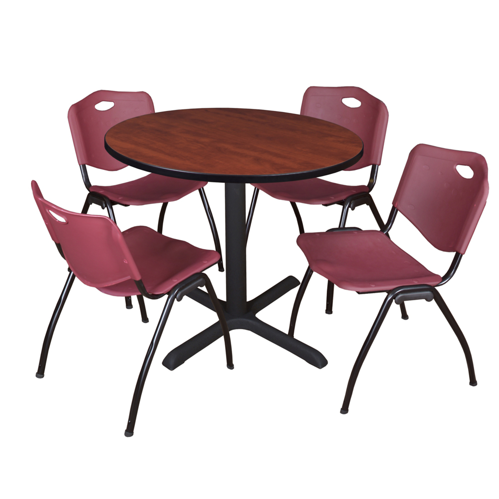 Regency Cain Round Breakroom Table and Stack Chairs Set — 36in. Table, Cherry/Maple, X-Base, 4 Burgundy Chairs, Model# TB36RNDCH47BY